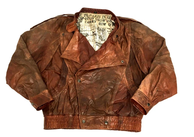 Giacca Biker Vintage anni '80 Marrone Vera Pelle Bomber Uomo Piccola - Media