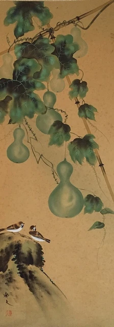 F0273 Japanese Hanging Scroll KAKEJIKU Vintage Hand Paint Silk Gourd Bird