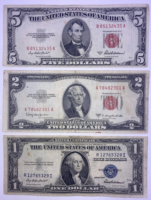 1953($5) Five Dollar Red,1953 ($2) Two Dollar Red, 1935($1) One Dollar Blue Seal