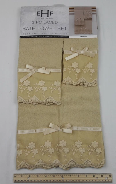 NEW, Set of 3 Yellow EHF Laced Modesto Bath Towels