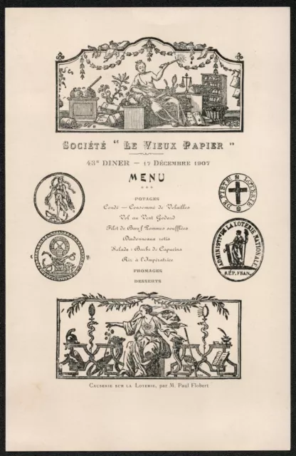 Menu. 43è Dîner de la société Le Vieux Papier. 1907