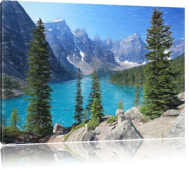 MORAINE LAKE CANADIAN Mountains Art Crayon Effect Canvas Picture Wall ...