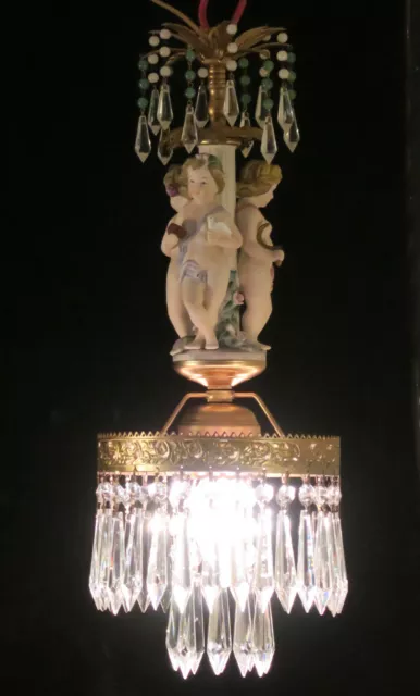 Vintage Porcelain Cherub bird nest chandelier Swag crystal prism lamp Brass tole 3