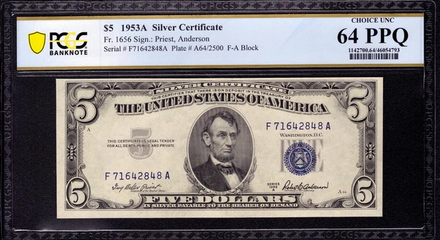 1953 A $5 Silver Certificate Note Fr.1656 Fa Block Pcgs B Choice Unc Cu 64 Ppq