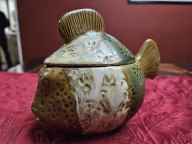 Pier 1 Imports Puffer Fish Stoneware Lidded Jar Ship Fast!