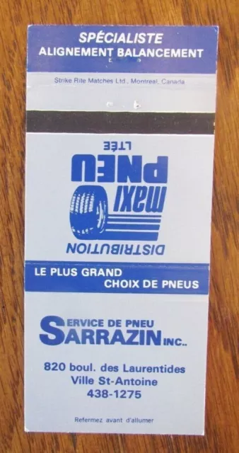 Tires Matchbook Cover: Pneus Sarrazin St-Antoine, Quebec Empty Matchcover -D2
