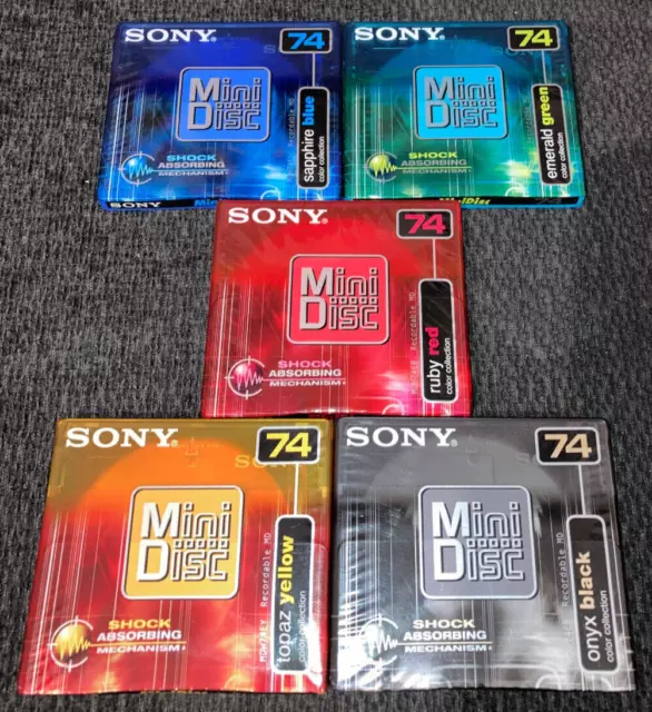 5x Sony MD 74 COLOR COLLECTION Mini Disco MiniDisc embalaje original Nuevo rojo azul verde negro