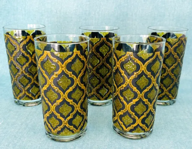 Culver Vintage Highball Tumbler Glasses Set of 5 Green MCM Barware 12oz