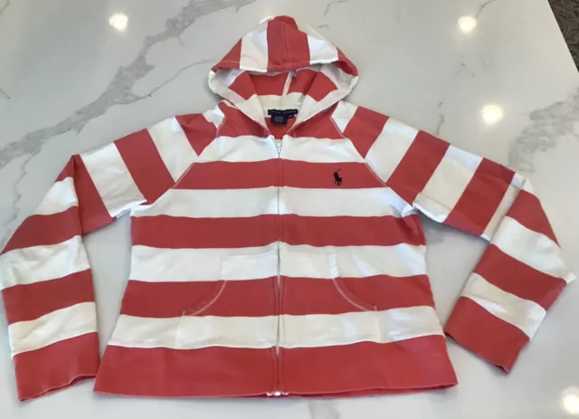 Ralph Lauren Polo Junior Girls Sz Xl White & Melon Striped Hoodie Zip Jacket Euc