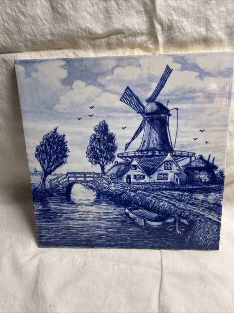 Vintage Delft Blauw Handpainted Windmill Riverside Scene Wall Tile 6" Trivet #1