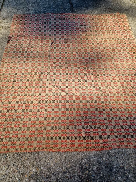 EARLY AMERICAN ANTIQUE COVERLET BLANKET WOVEN TEXTILE 1700s to 1800s 84x93 in 2