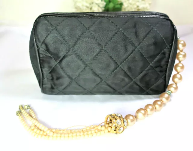 VINTAGE CHANEL BLACK Satin Pearls Diamante Dangling Clutch Bag Hand Bag  $880.00 - PicClick