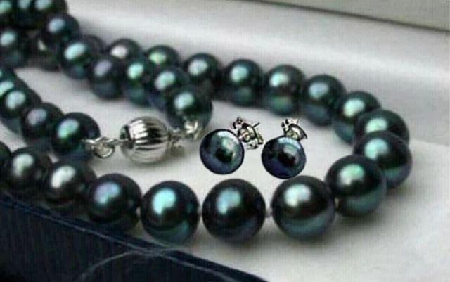 Natural Black Akoya Freshwater Cultured Pearl Necklace Earrings Set 14-48'' AAA