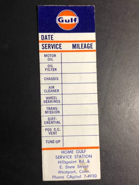 Home Gulf Service Station Westport CT c1968 Door Jam Oil Change Service Sticker