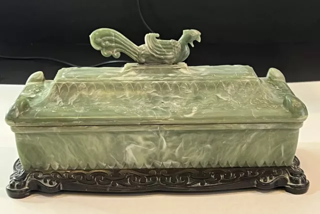 Vtg Faux Green Marbleized Jade Jewelry Box Dragon Bird Hard Plastic Asian 8"