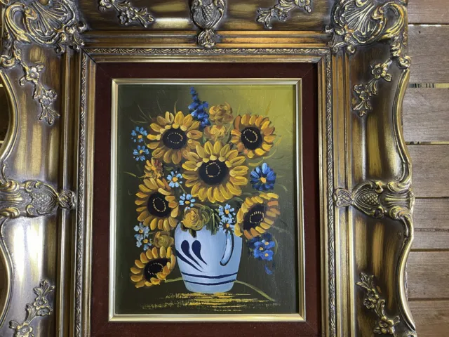 Antikes Gemälde Sonnenblumen Goldener Rahmen Blumen Bild Antiquität Blumenstrauß
