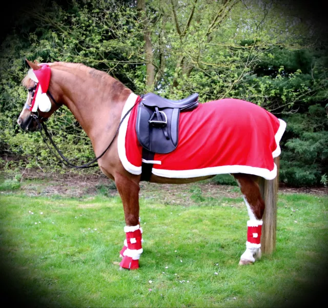 SANTA Horse Pony CHRISTMAS Exercise Sheet Antlers Leg Wraps Hat Fancy Dress Set