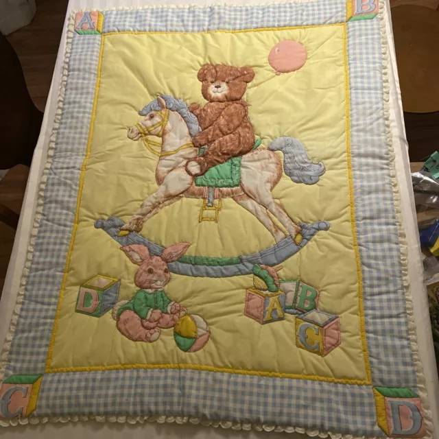 Vintage Baby Quilt with Terry Cloth Backing Teddy Bear Rocking Horse Yellow Blue