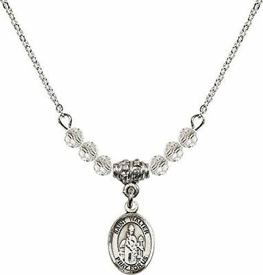 April Birth Month Bead Necklace with Saint Walter of Pontoise Petite Charm, 18 I