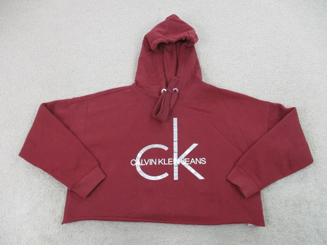 Calvin Klein Sweater Womens Small Red Gray Hoodie Sweatshirt Crop Top Ladies *