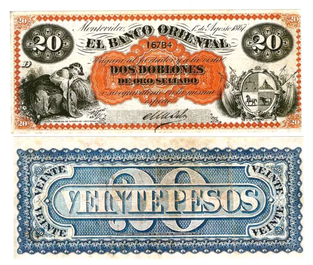 r Reproduction Paper - Uruguay 20 Pesos 1867 Pick #S386  1864R