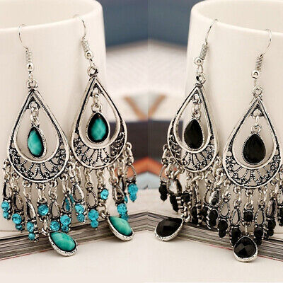 Retro 925 Silver Women Gemstone Tassel Ethnic Boho Dangle Drop Earrings Jewelry