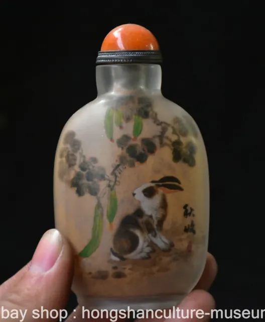 3.6" Old Chinese Glass Painting Dynasty Rabbit Snuff box Snuff Bottle Statue