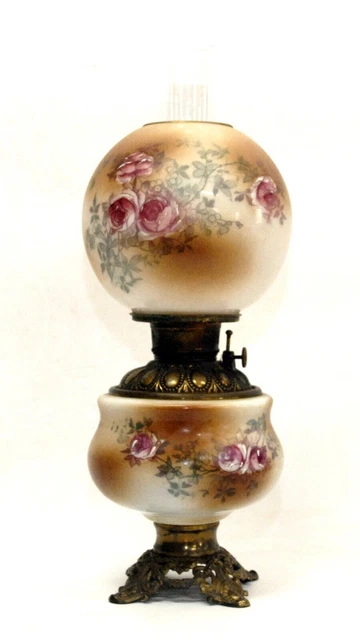 Victorian Gwtw Floral Decorated Oil Gwtw Parlor Banquet Lamp Hand Painted Shade