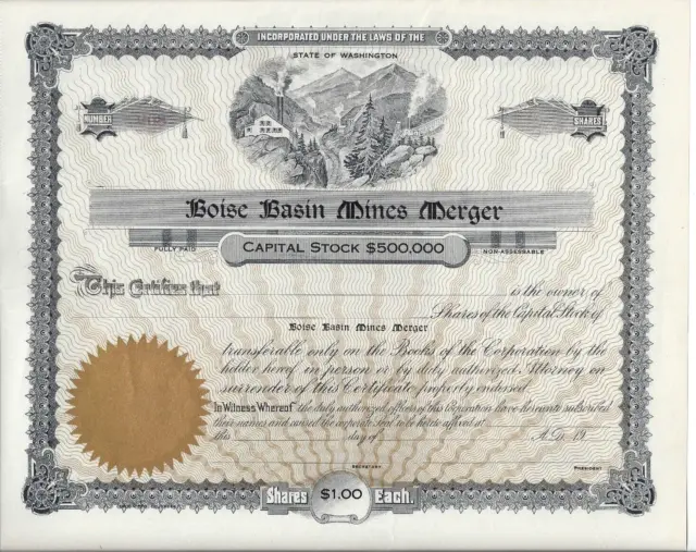 Original Boise Basin Mines Merger Stock Certificate Washington State stamp mills