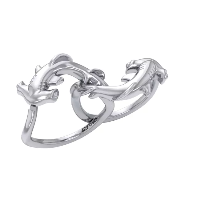 Sterling Silver Double-Hammer Headed Shark Puzzle Ring  By Peter Stone Jewelry