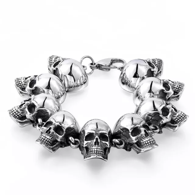 Mens 19-25CM Big Head Stainless Steel Skull Link Bracelet Bangle