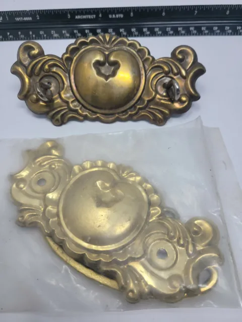 Victorian Backplate Handle Bail Brass Antique Salvage Drawer Stamped Lot of 2