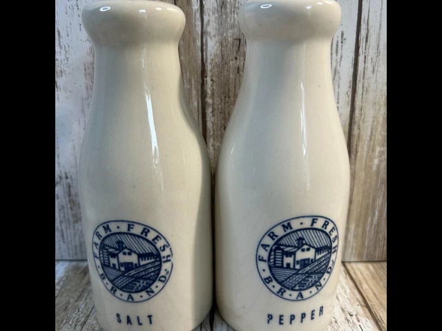 Vintage Milk Jug Salt & Pepper  Shaker FARM FRESH BRAND Pottery 5 3/8” Tall