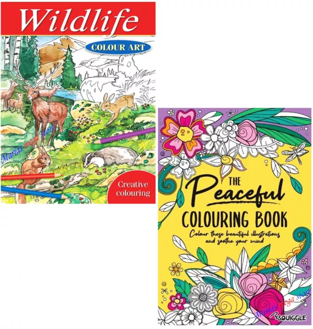 A4 Colouring Books Therapy WILDLIFE & Peace Set of 2 Anti-Stress Books ALL AGES