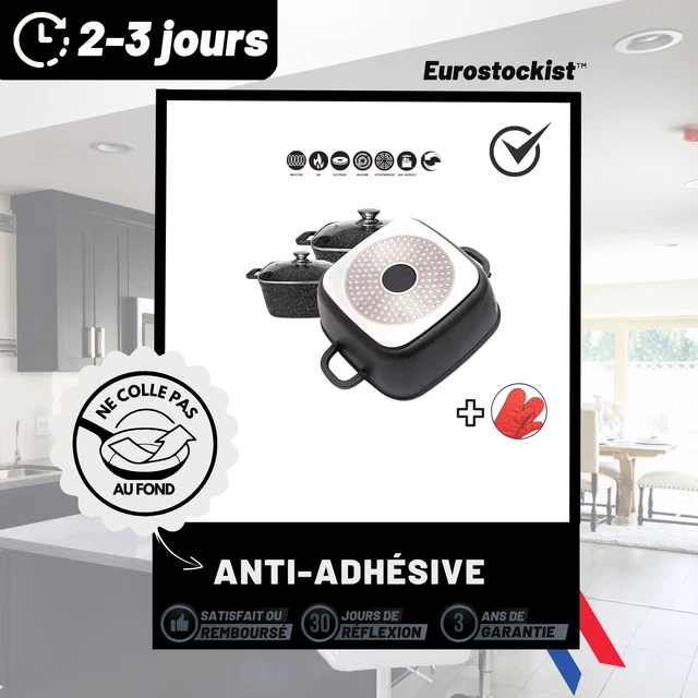 Batterie de cuisine ANTI-ADHÉSIVE carrée 6 pièces en pierre et gants de cuisine