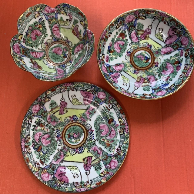 Japanese Porcelain Ware Bowl Saucer and Plate Decorated  in Hong Kong ACF Flower