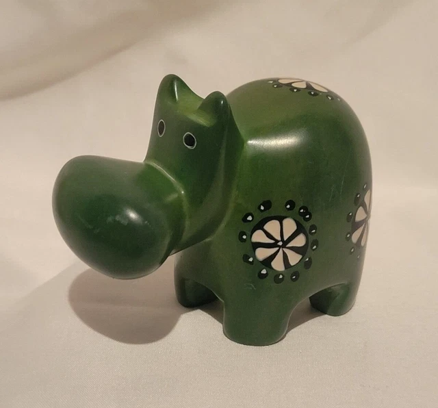 Small green soapstone hippo figurine with painted floral design hand crafted 