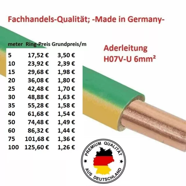 H07V-U 6 mm² Aderleitung Erdungskabel Erdungsleitung Erdung starr grün / gelb