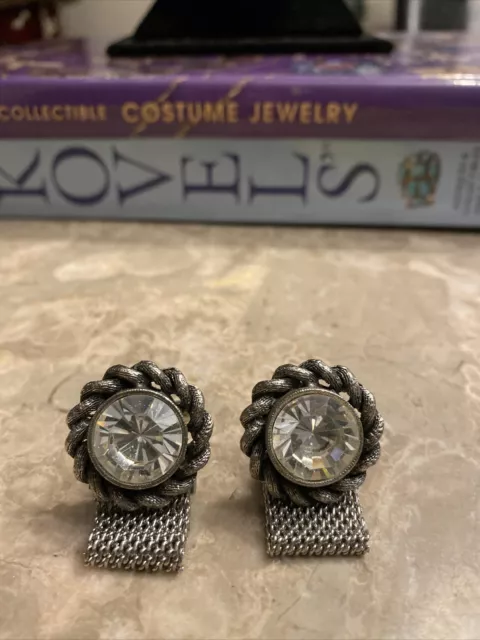 Vintage fancy Silvertone cufflinks with large rhinestone and mesh link 1940s