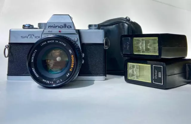 Vintage Minolta SRT101 Japan 35 mm Rokkor-X Pf 50 mm Camera Vivitar Not Tested