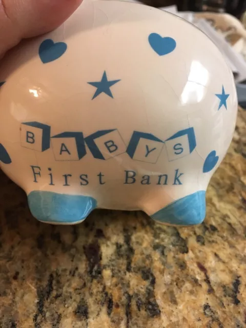 My First Bank Piggy Coin Bank, Ceramic Pig White &  Blue 4" x 5" 3