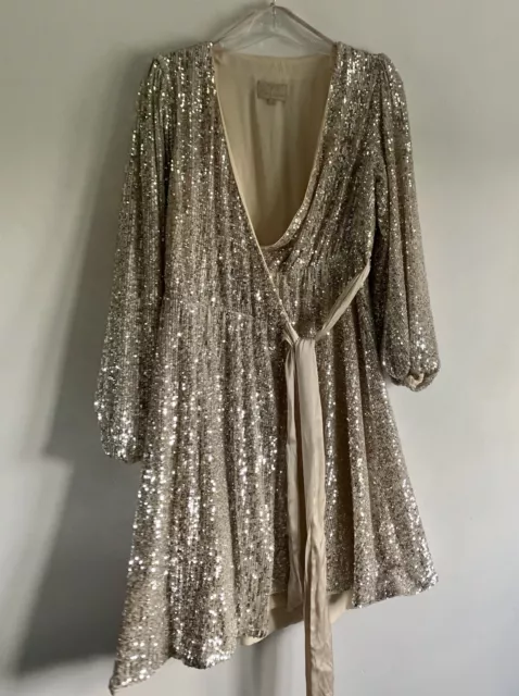 Jenny Packham Silver Sequins Long Sleeves Wrap Midi Formal Wedding Dress Size:10