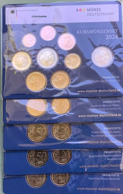 Deutschland Off. Euro KMS 2024 BU 1 Cent bis 2 Euro + 2 € cc 5 x Blister ADFGJ