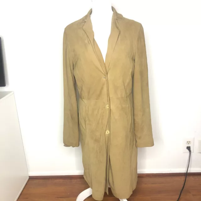 NIGEL PRESTON Womens Jacket Brown Tan Suede Leather Long Coat Size Large NIGEL PRESTON Womens Jacket Brown Tan Suede Leather Long Coat Size Large