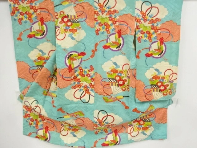 39852# Japanese Kimono / Antique Kimono For Girls / Fan With Flower & Crane