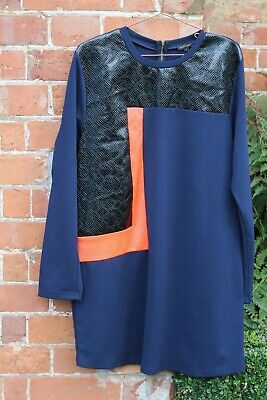 💅RIVER ISLAND💃Tunic Dress Navy Blue,Black Faux Leather Panel,Orange,Size 14