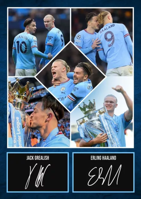 Grealish & Haaland MANCHESTER CITY Signed Autograph A4 Montage PHOTO Gift Print