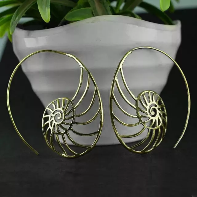 Large Vintage Afghan Gold Plated Spiral Shell Mandala Brass Boho Hoops earrings