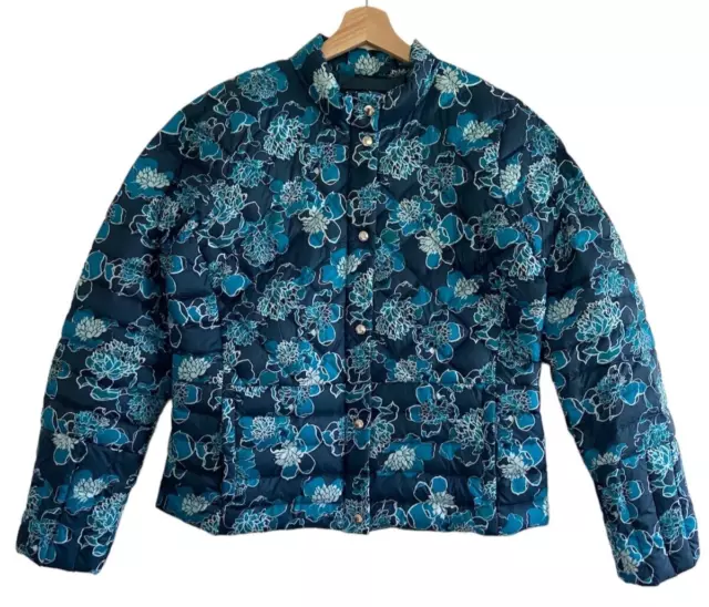 Lands End Down Fill Floral Puffer Jacket M 10 12 Blue Aqua Quilted Womens Coat