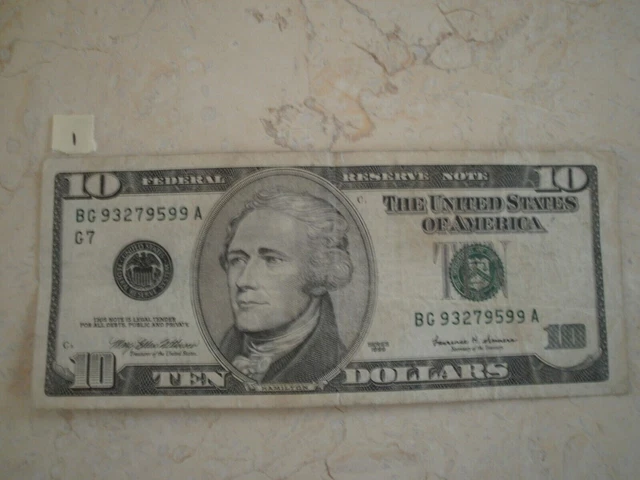 Vintage US $10 Ten Dollar Bill series 1999 Circulated